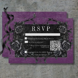 Cartão RSVP Rosas Pretos Góticos Raven e Pretos Código QR Roxo