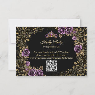 Cartão RSVP Rosas Quinceañera Tiara Dourada Preta e Roxa