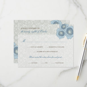 Cartão RSVP Rosas Românticos Azuis Damask Lace Elegante Casame