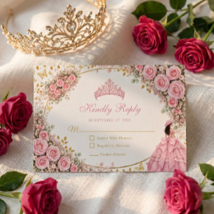 Cartão RSVP Rosas Rosa Aquarela Tiara Dourada Quinceañera
