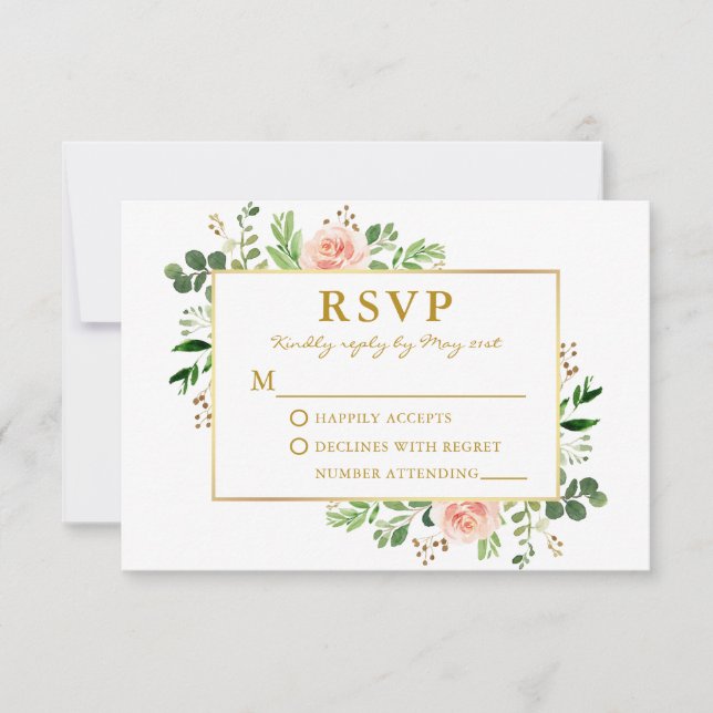 Cartão RSVP Rosas Rosa Cinzentas de Aquarela Casamento Dourado (Frente)