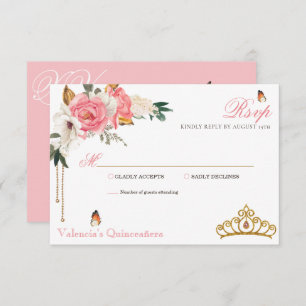 Cartão RSVP Rosas rosa Douradas Gemstone Tiara Quinceanera