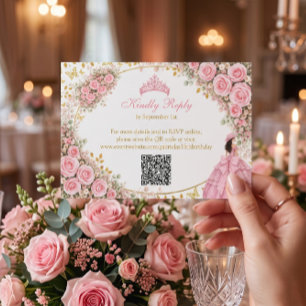 Cartão RSVP Rosas Rosa em Aquarela Borboleta Dourada Quinceañe