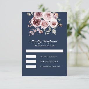 Cartão RSVP Rosas Rosa Empoeiradas Casamento Azul-Navy