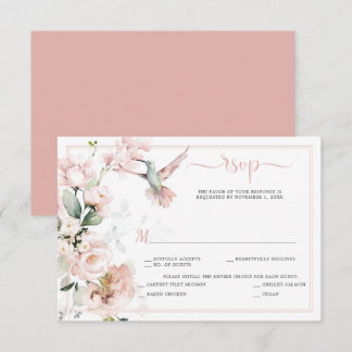 Cartão RSVP Rosas Rosa Esbranquiçadas, Hummingbird, Verde Sábi