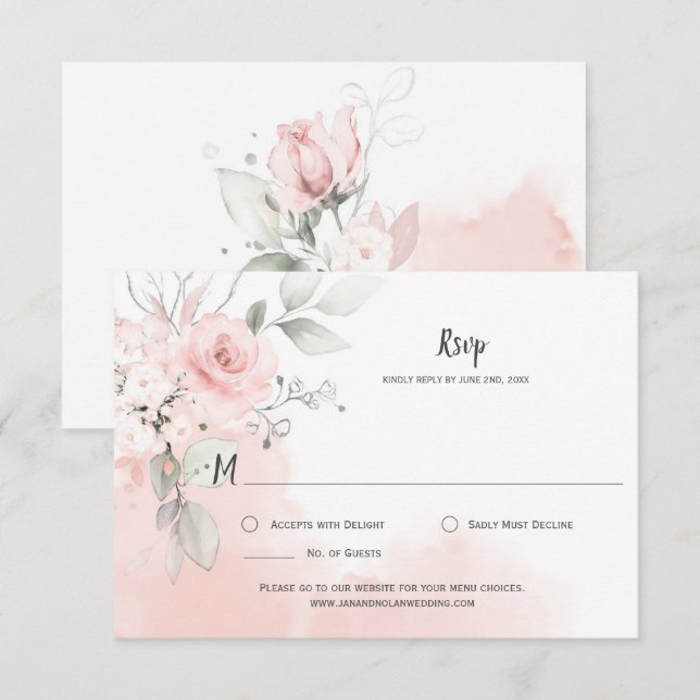 Cartão RSVP Rosas Rosa Pastel Água-Forte de Aquarela Rosa Páli (Frente/Verso)