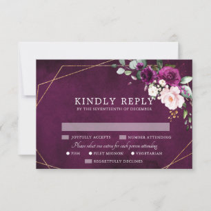 Cartão RSVP Rosas Rosa Pinceladas Púrpuras Casamento Geométric