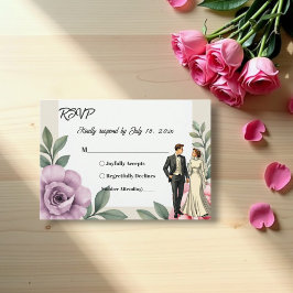 Cartão RSVP Rosas Rosa Púrpura Casal Watercolor Casamento Flor