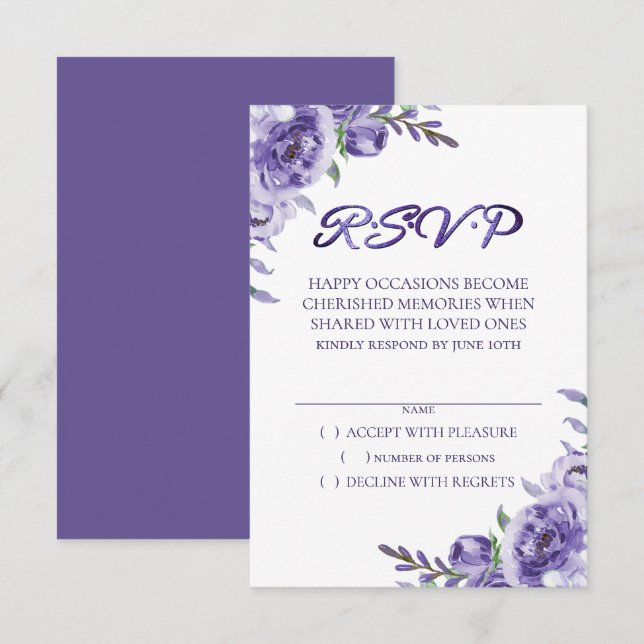 Cartão RSVP Rosas Roxas | Floral Boho Elegante em Aquarela (Frente/Verso)