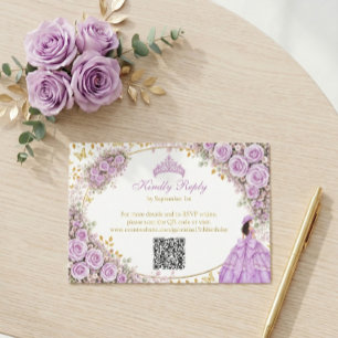 Cartão RSVP Rosas Roxas Lilás Borboleta Dourada Quinceañera