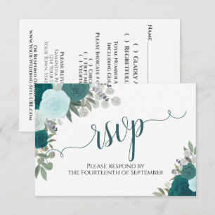 Cartão RSVP Rosas Teal Elegantes Caligrafia Floral Casamento
