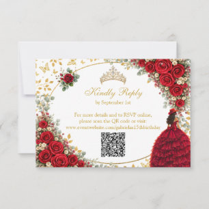 Cartão RSVP Rosas Vermelhas Borboletas Douradas Quinceañera