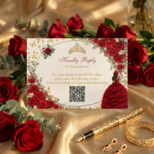 Cartão RSVP Rosas Vermelhas Borboletas Douradas Quinceañera
