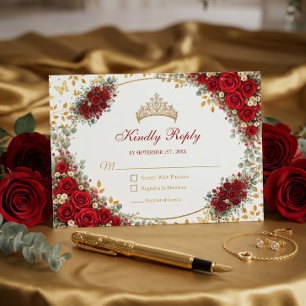 Cartão RSVP Rosas Vermelhas Borboletas Douradas Quinceañera