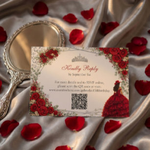 Cartão RSVP Rosas Vermelhas Borboletas Prateadas Quinceañera
