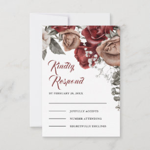 Cartão RSVP Rosas Vermelhas Borgonha Casamento Floral
