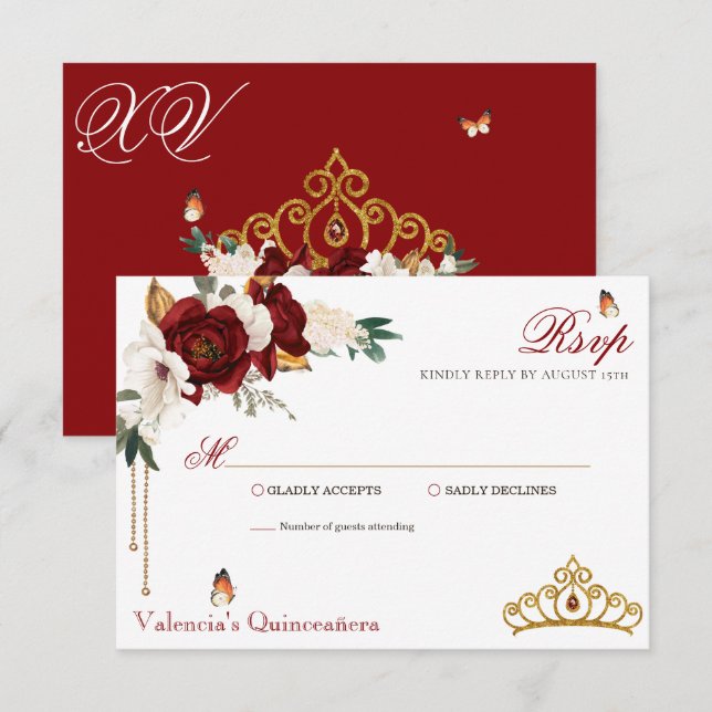 Cartão RSVP Rosas vermelhas Borgonhetas Douradas Tiara Quincea (Frente/Verso)
