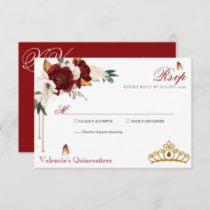 Cartão RSVP Rosas vermelhas Borgonhetas Douradas Tiara Quincea