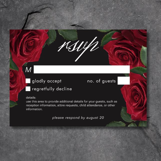 Cartão RSVP Rosas vermelhas de sangue legante sem Janto (Elegant Moody Blood Red Roses Floral No Dinner RSVP Card)