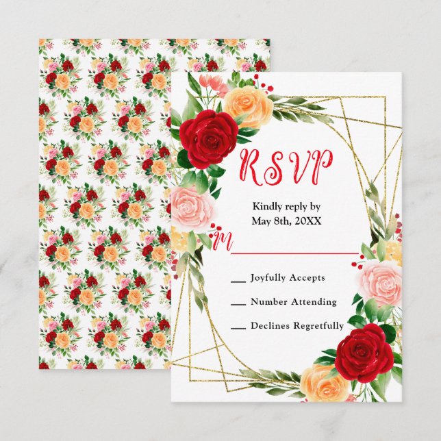 Cartão RSVP Rosas Vermelhas e Laranjas Românticas (Frente/Verso)