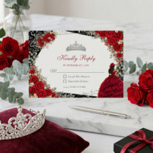 Cartão RSVP Rosas Vermelhas Elegantes e Tiara de Prata Quincea