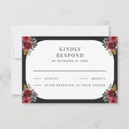 Cartão RSVP Rosas Vermelhas Listras Pretas Casamento Gótico