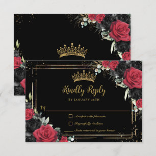 Cartão RSVP Rosas Vermelhas Pretas Floral Dourado Quinceañera 