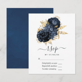 Cartão RSVP Rosas Vintage em Azul Marinho e Dourado