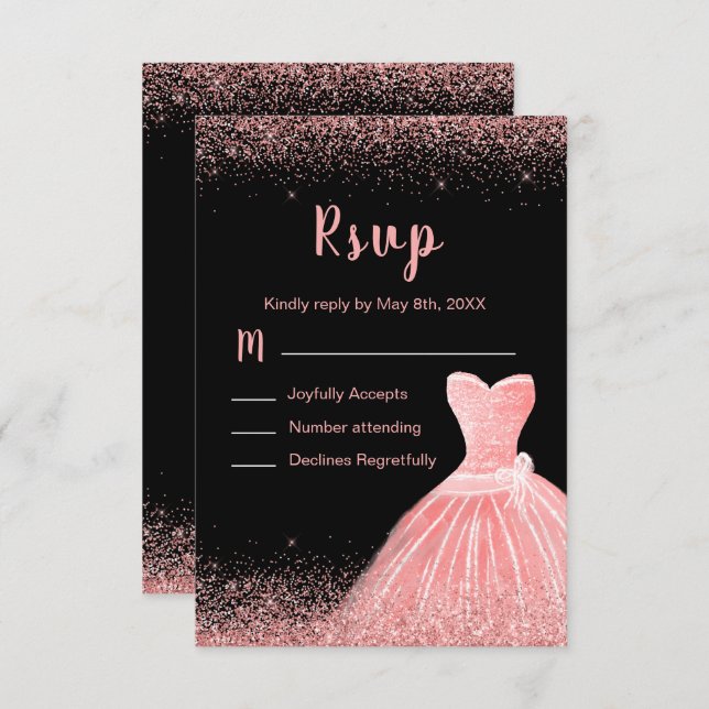 Cartão RSVP Rose Pink Dress Faux Glitter Sweet Quinceanera (Frente/Verso)