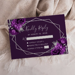 Cartão RSVP Roxo Ameixa Prateado Floral Geométrico