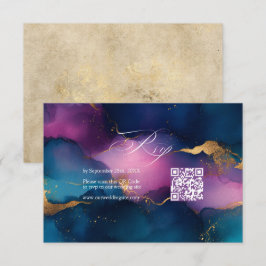Cartão RSVP Roxo, Azul e Dourado Código QR de Tinta Alcoólica