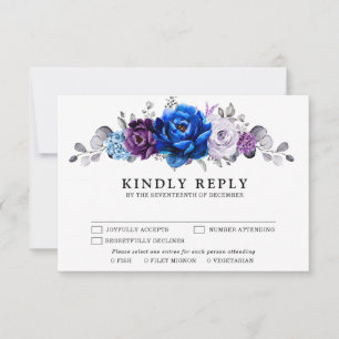 Cartão RSVP Roxo Azul Real Lilás Flores Casamento