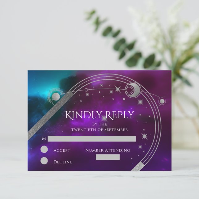 Cartão RSVP Roxo Celestial Teal Prata Sol Lua Estrela Casament (Em pé/Frente)