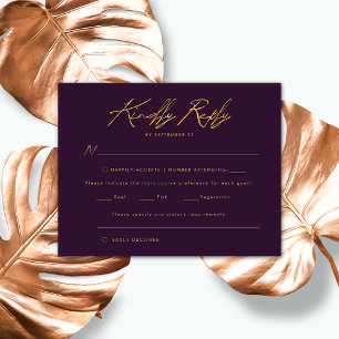 Cartão RSVP Roxo Dourado Caligrafia Manuscrita Casamento Elega