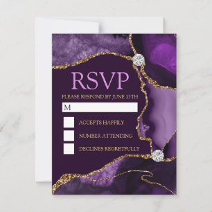 Cartão RSVP Roxo Escuro e Dourado Brilho Ágata Sweet Sixteen