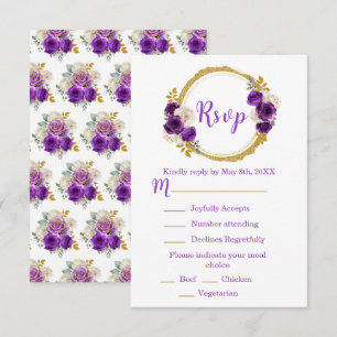 Cartão RSVP Roxo Escuro e Dourado Flor Elegante Sweet Sixteen