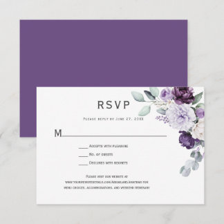 Cartão RSVP Roxo Escuro, Peônia Lavanda, Rosa Branca Floral