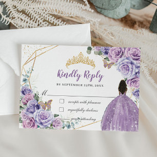 Cartão RSVP Roxo Lilac Floral Brown Girl Quinceañera