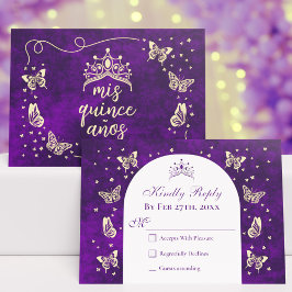 Cartão RSVP Roxo Moderno Dourado Tiara Borboletas Quinceañera