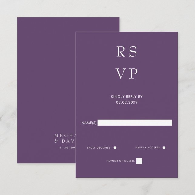 Cartão RSVP Roxo Moderno Mínimo Elegante Simples (Frente/Verso)