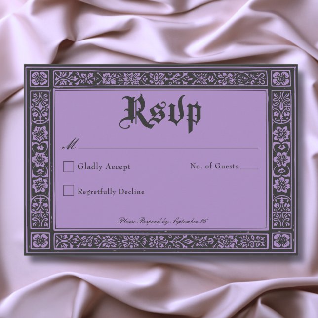 Cartão RSVP Roxo Negro Gótico Medieval até Casamento da Morte (Gothic Black Purple Medieval Until Death Wedding RSVP Card)