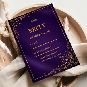 Cartão RSVP Roxo Real Floral Dourado