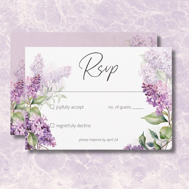 Cartão RSVP Roxo Romântico Moderno e Lilases de Sage (Modern Romantic Purple & Sage Lilacs RSVP Card)