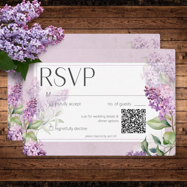Cartão RSVP Roxo Romântico Russo e Sage Lilacs Casamento QR (Rustic Romantic Purple & Sage Lilacs Wedding QR RSVP Card)