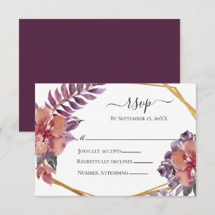 Cartão RSVP Roxo Rosa Vermelho Floral Aquarela Dourado Casamen