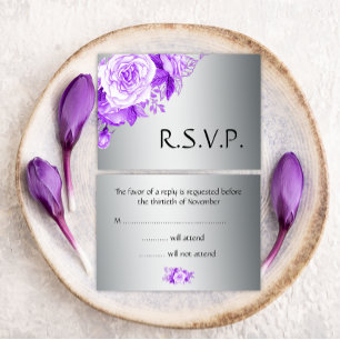 Cartão RSVP Roxo Rose Bouquet em Silver Weding
