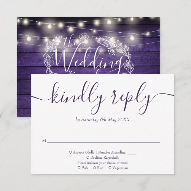 Cartão RSVP Roxo Roxo Lâmpada de Corda de Madeira Floral (Frente/Verso)