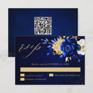 Cartão RSVP Royal Azul Amarelo Dourado Floral Casamento QR 