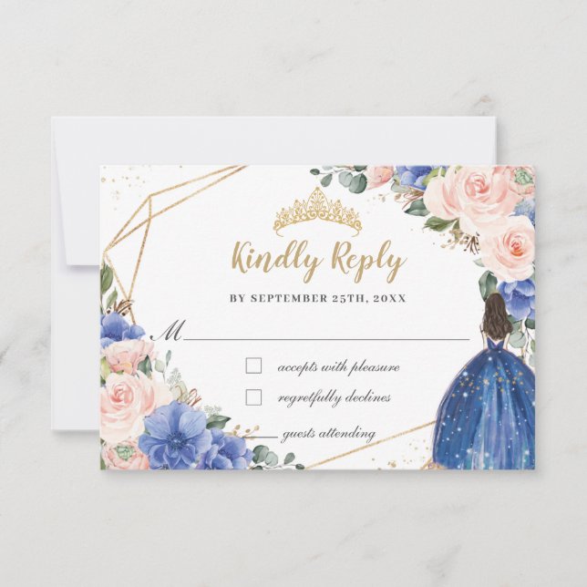 Cartão RSVP Royal Blue Blush Floral Quinceañera Princess Reply (Frente)