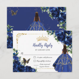 Cartão RSVP Royal Blue Butterflies Princesa Dourada Quinceañer